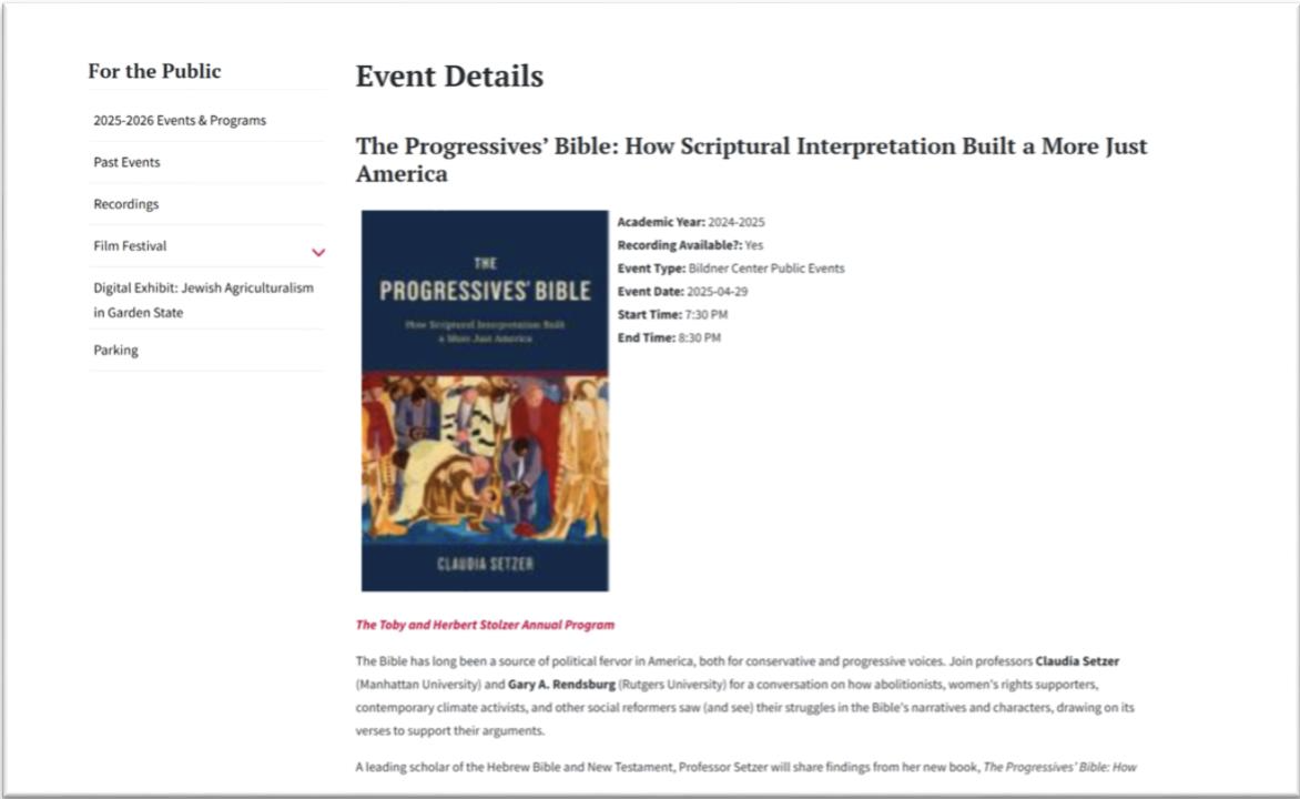 A detailed event page for a Rutgers Bildner Center public event titled "The Progressives' Bible." It features a book cover illustration, event metadata (April 29, 2025), and a description of a talk by Professors Claudia Setzer and Gary A. Rendsburg.