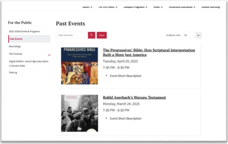 A screenshot of the "Past Events" page from a Rutgers University website, featuring two event listings from 2025: "The Progressives' Bible" and "Rokhl Auerbach's Warsaw Testament.