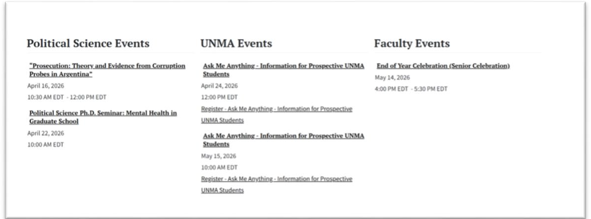 A screenshot of event listings for Political Science, UNMA (United Nations and Global Policy), and Faculty events. It includes a corruption probe lecture (April 16), a Ph.D. seminar on mental health (April 22), UNMA "Ask Me Anything" sessions (April 24 and May 15), and a Senior Celebration (May 14, 2026).