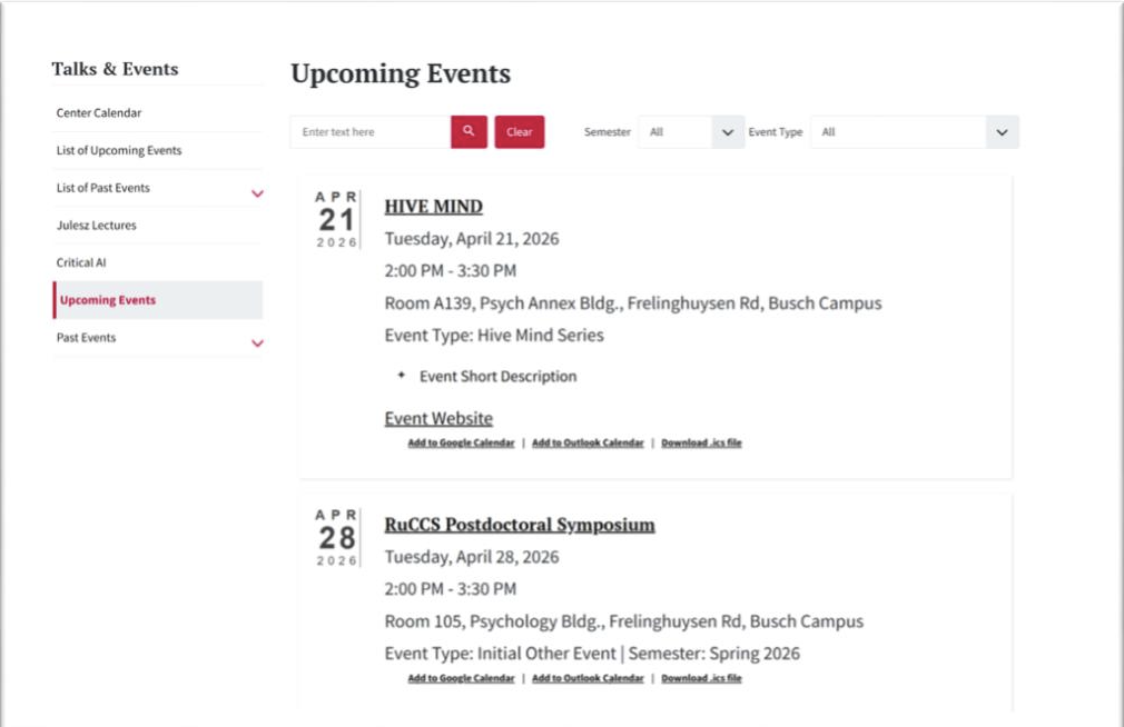 A screenshot of the "Upcoming Events" page for the Rutgers Center for Cognitive Science (RuCCS). It lists two events: a "HIVE MIND" talk on April 21 and a "RuCCS Postdoctoral Symposium" on April 28, 2026.