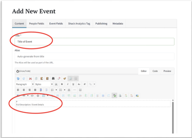 A screenshot of the "Add New Event" creation form on the Rutgers SAS website backend. The "Content" tab is active, showing text fields for "Title of Event" and "Full Description / Event Details," both highlighted with red ovals.