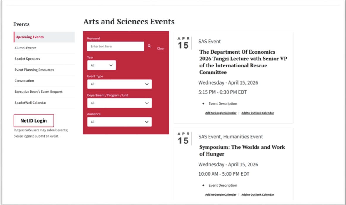 A screenshot of a university events calendar webpage showing a search filter sidebar and two event listings for April 15, 2026.