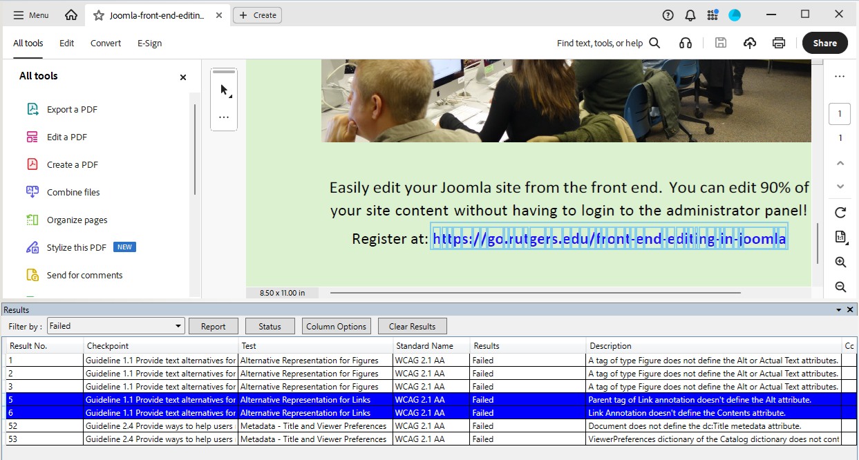CommonLook PDF Validator results with failures for links highlighted