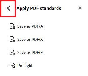 Acrobat: Arrow to left of "Apply PDF standards"