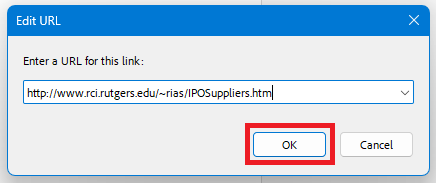 Acrobat: "Edit URL" dialog box with "OK" button highlighted