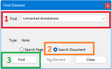 Acrobat "Find Element" dialog: "Find Unmarked Annotations;" "Search Document" option; and "Find" button