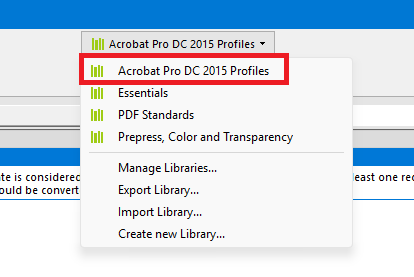 Acrobat Preflight: Selecting "Acrobat Pro DC 2015 Profiles" from dropdown menu at top