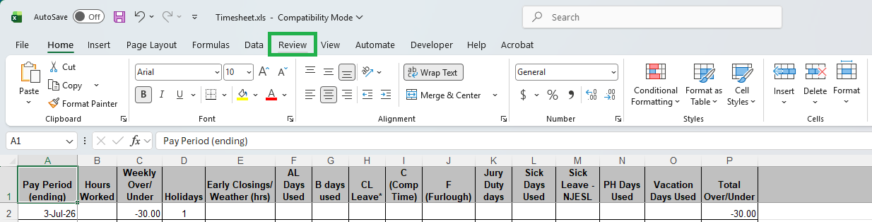 Location of "Review" menu in Microsoft Excel