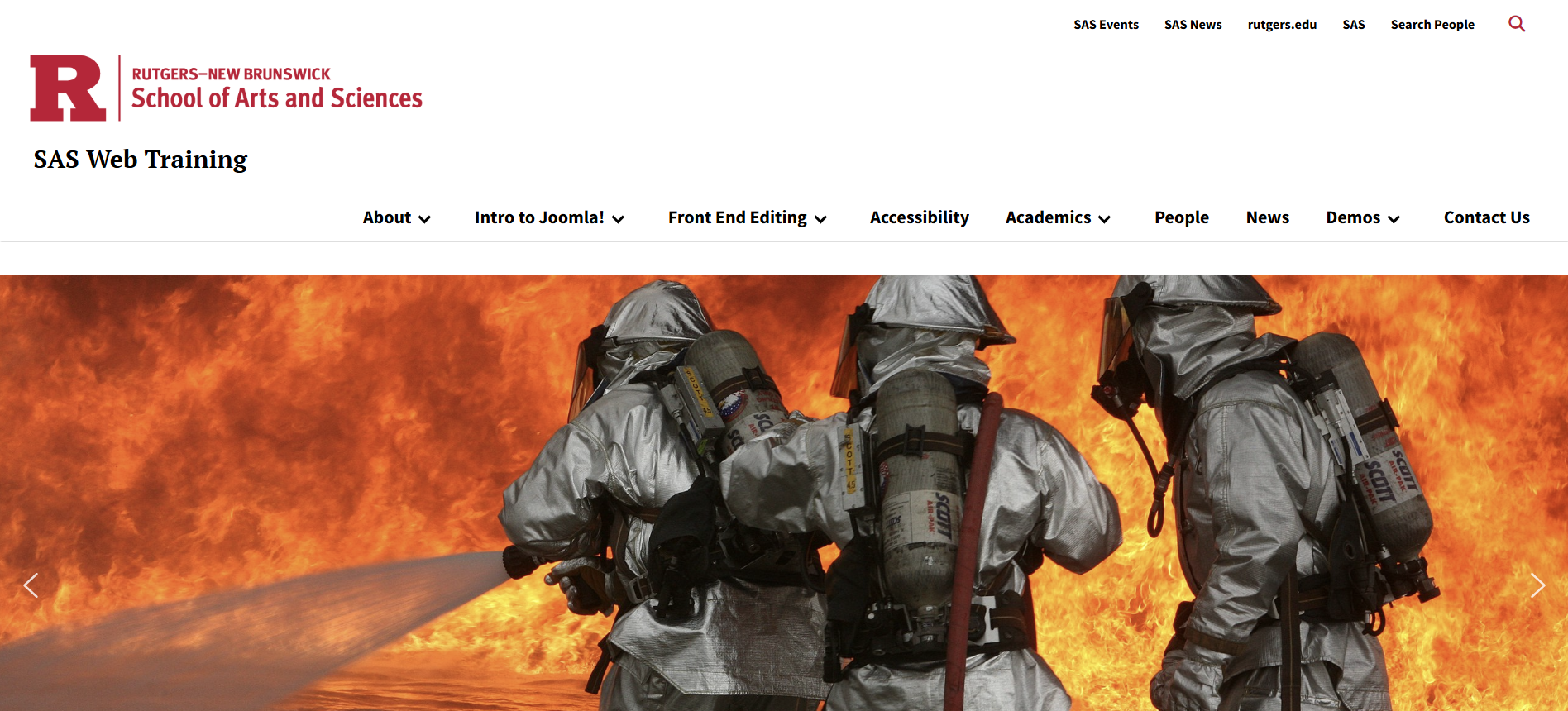 Homepage of the Web Training website; slider image features 3 firefighters putting out a fire
