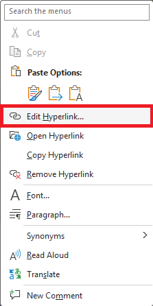 Word: Edit Hyperlink menu option